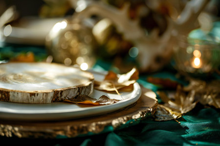Autumn table setting with candles, plates and cutlery. Selective focus.の素材