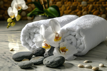 Spa still life with white orchids, pebbles and towelsの素材
