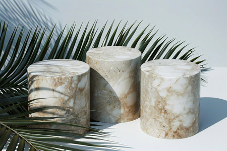 Three white marble podiums with palm leafs on white background.の素材