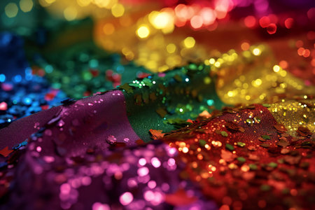 Colorful sequins and confetti on a bright background. Selective focus.の素材