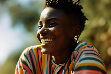 Close up portrait of a beautiful african american woman smiling outdoorsの素材