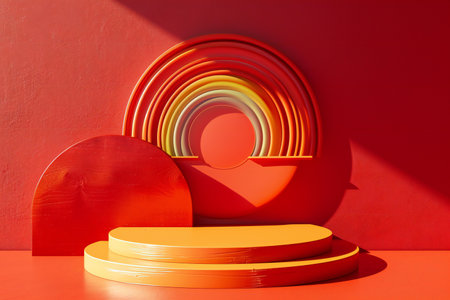 abstract minimal geometric forms. Glossy orange podium for your design.の素材