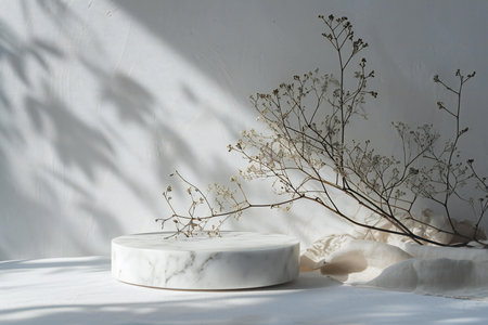 White marble podium for product presentation with dried flowers on white background.の素材