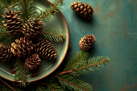 Christmas background with fir branches, cones and plate on turquoise wooden tableの素材