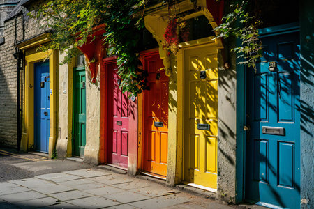 Colorful wooden doors on a street in Edinburgh, Scotland, UKの素材