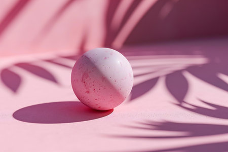 Pink egg with shadow of palm leaves on pastel pink background.の素材
