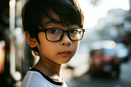 Portrait of Asian boy wearing eyeglasses in the city.の素材