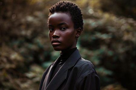 Young african american man wearing black coat and looking at cameraの素材