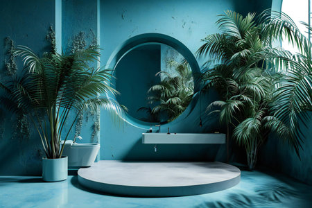 Interior of modern bathroom with blue walls, concrete floor, round mirror and green plants.の素材