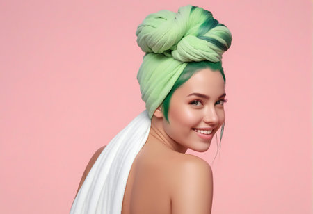 Beautiful young woman with turban on head and green towel on head.の素材