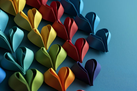 Multicolored paper hearts on a blue background. Valentine's Dayの素材