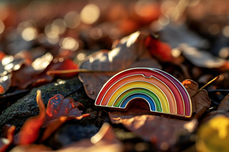 Rainbow on the ground among autumn leaves. Selective focus.の素材
