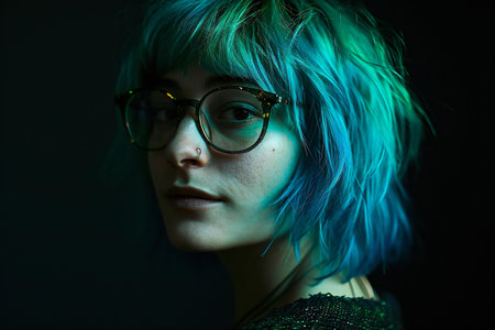 Portrait of a beautiful girl with blue hair and glasses on a black backgroundの素材