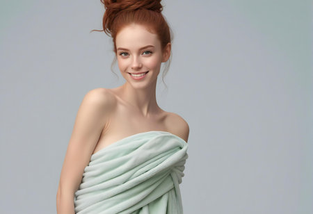 beautiful young redhead woman wrapped in green towel on grey backgroundの素材