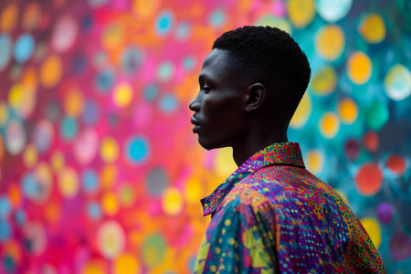Portrait of young african man in colorful shirt against colorful background.の素材