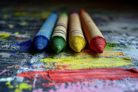 Colorful crayons on grunge wooden table, closeupの素材