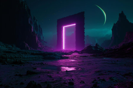 Fantasy landscape with door in the night.の素材