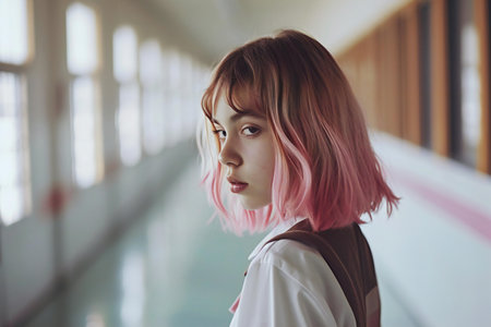 Portrait of an asian girl with pink hair in the corridorの素材