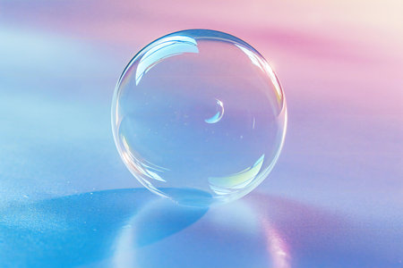 Transparent soap bubble on a blue and pink background. Macro.の素材