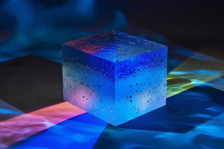 Blue cube with water droplets on a dark background.の素材