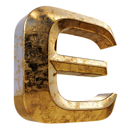 3d letter E in gold metal isolated on white. Computer generated 3D photo rendering.の素材