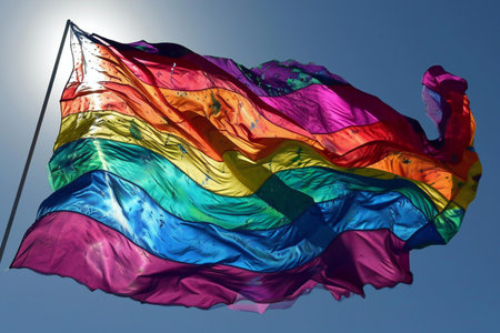 Rainbow flag waving in the wind against a blue sky with sun raysの素材