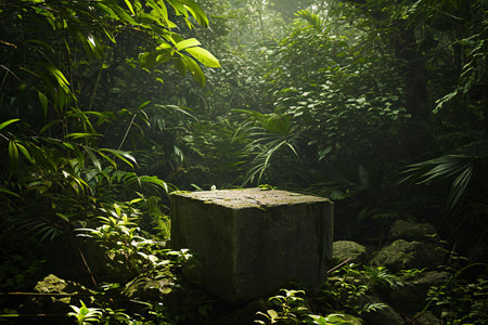 Stone pedestal in the tropical forest with plants and sunlight in the backgroundの素材