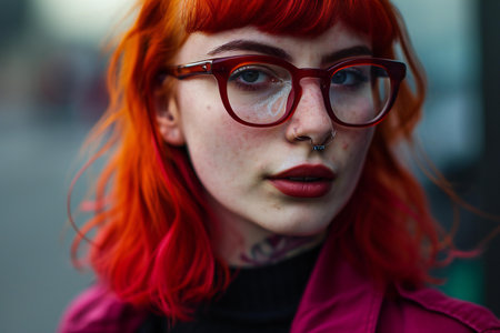 Portrait of a red-haired girl with glasses in the cityの素材