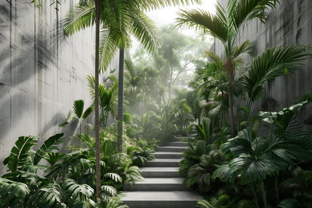 a beautiful tropical garden with stairs and palm treesの素材