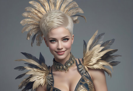 Portrait of a beautiful young woman in a carnival costume with feathersの素材