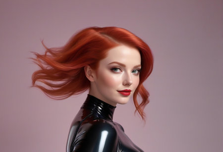 Fashion photo of a beautiful girl with red hair in a latex suitの素材