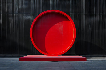 a red round podium in front of a black wallの素材