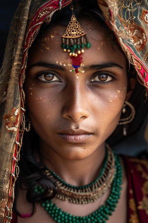 Portrait of a beautiful Indian woman with traditional clothes and jewelry.の素材