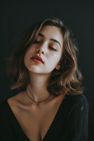 portrait of a beautiful girl in a black dress on a dark backgroundの素材