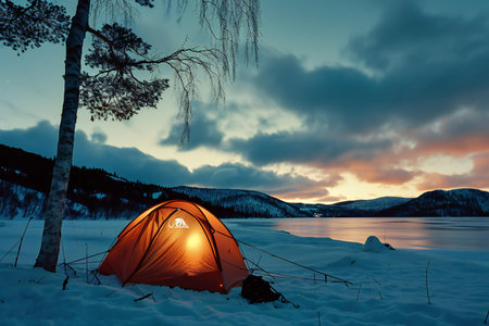 Camping tent on the shore of frozen lake at sunset in winterの素材