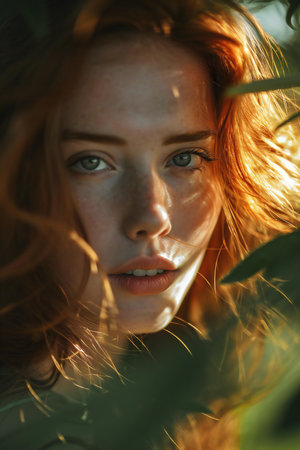Portrait of a beautiful redhead girl with freckles on her face.の素材
