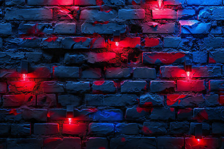 Red and blue neon lights on a brick wall. Background texture.の素材