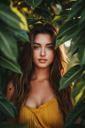 Portrait of a beautiful young woman in a yellow dress on the background of green leavesの素材