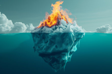 Iceberg floating on water surface with fire flames.の素材