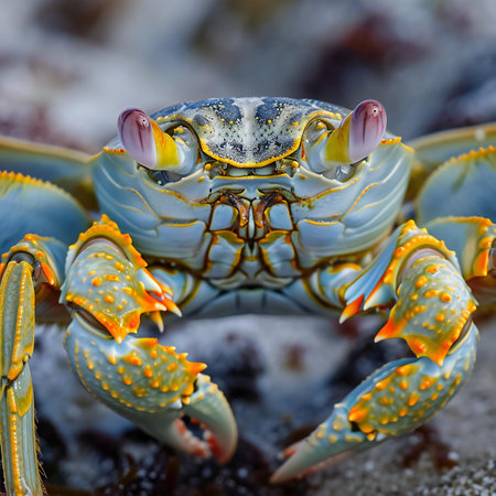 Close up of a blue crab on the sand in the ocean.の素材