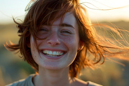 Portrait of a beautiful smiling girl with windy hair at sunsetの素材