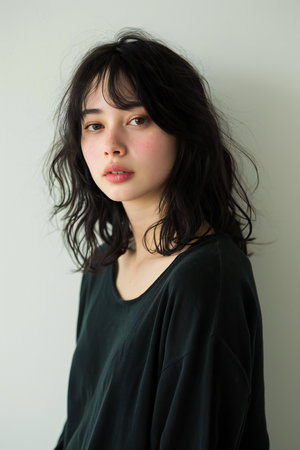 Portrait of a beautiful young woman with long black hair in the studioの素材