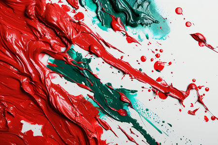 Red, green and blue acrylic paint splashes on white paper backgroundの素材