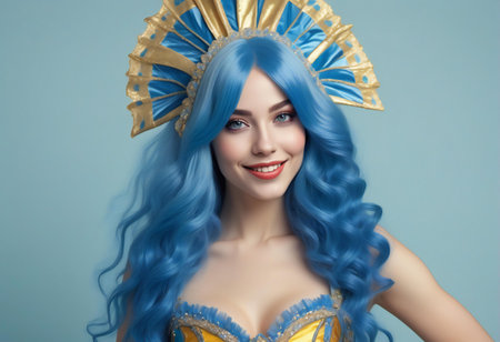Portrait of a beautiful young woman with blue hair and a golden headdressの素材