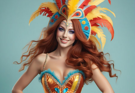 Beautiful redhead girl in carnival costume with feathers on blue background.の素材