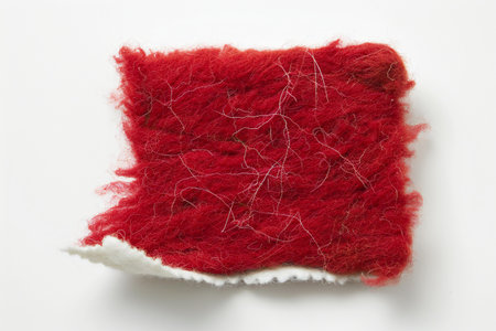Red woolen yarn on a white background, closeup of photoの素材