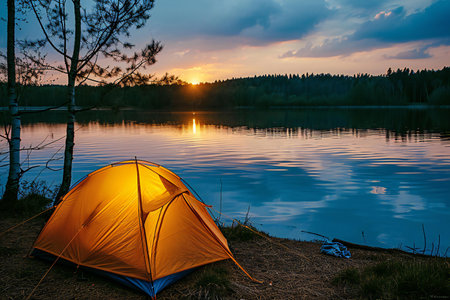 Camping tent on the shore of a lake at sunset. Camping on the shore.の素材
