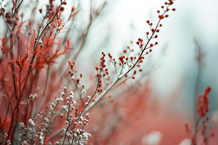 Branch of a bush with red flowers on a blurred background.の素材