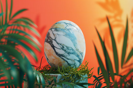 Easter egg with a marble pattern on a background of tropical leaves.の素材