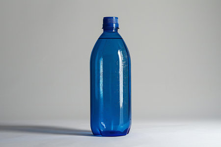Blue plastic bottle of water on white background with shadow and light.の素材